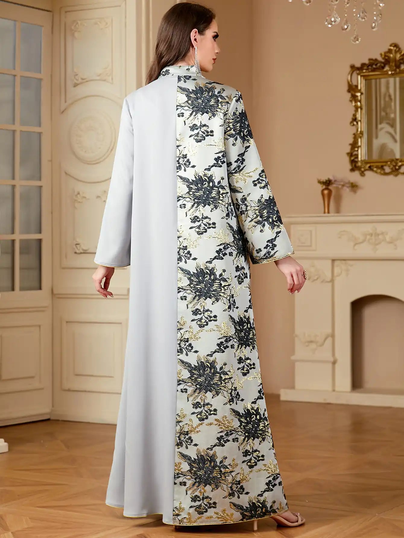 4150 Dubai Jacquard Flower Floral Robe Stitching Dress