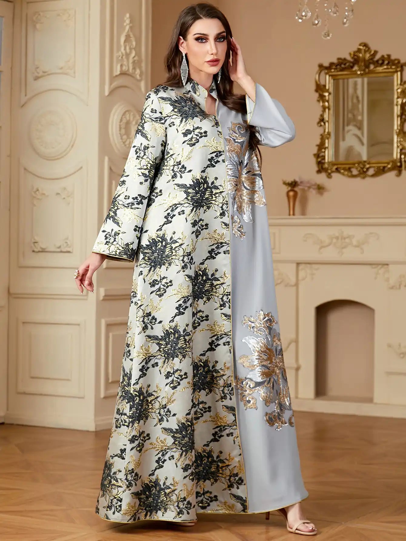 4150 Dubai Jacquard Flower Floral Robe Stitching Dress