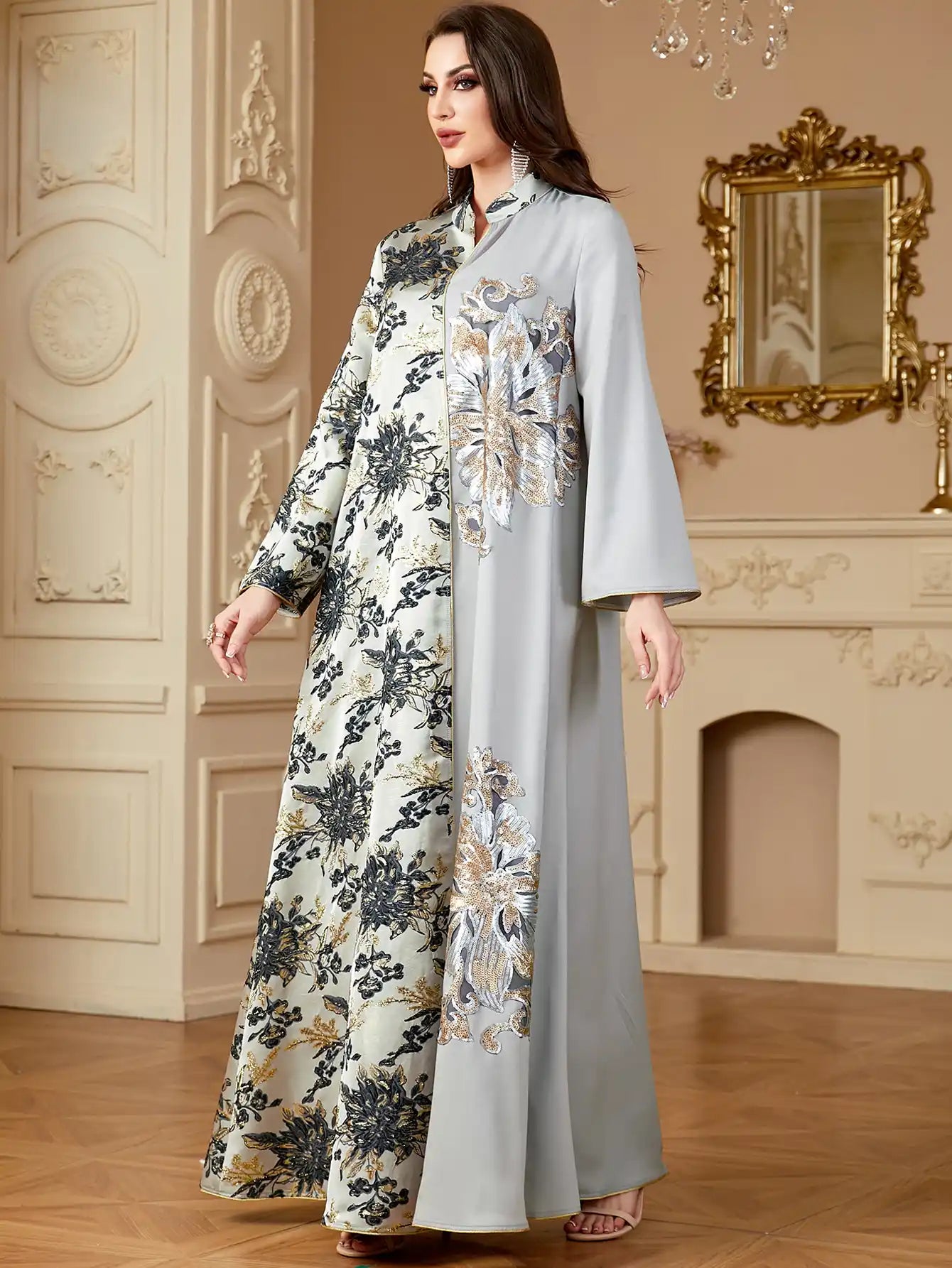 4150 Dubai Jacquard Flower Floral Robe Stitching Dress