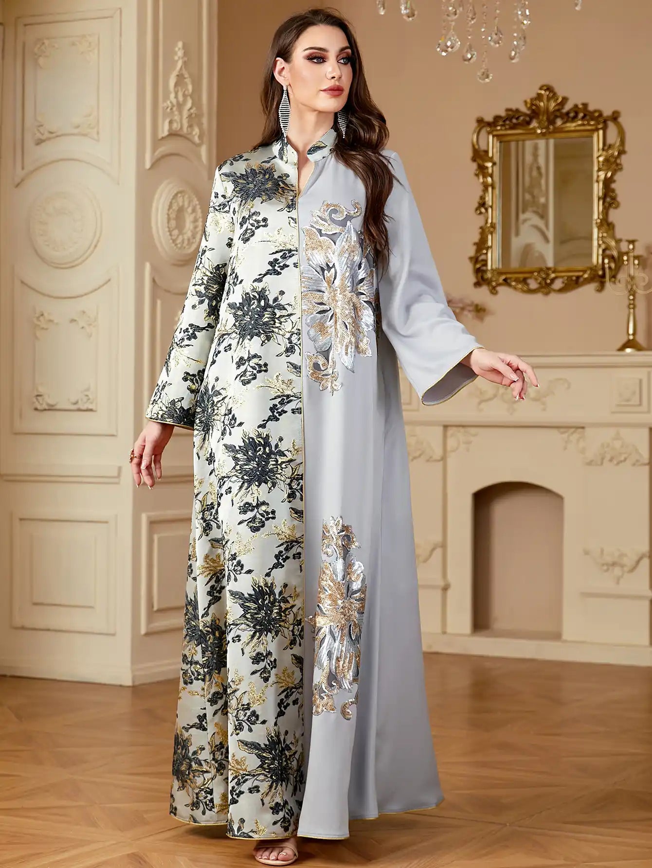 4150 Dubai Jacquard Flower Floral Robe Stitching Dress