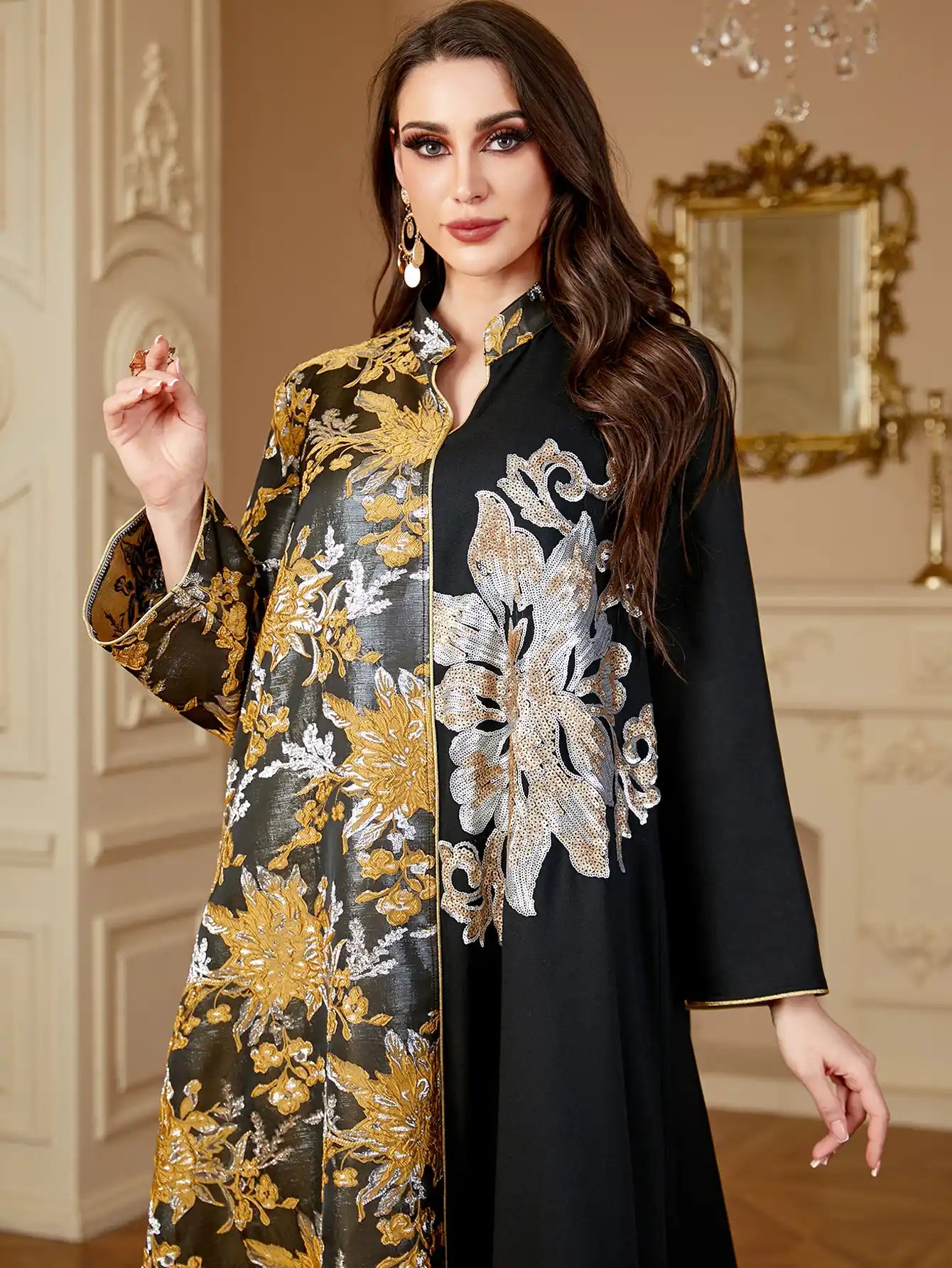 4150 Dubai Jacquard Flower Floral Robe Stitching Dress