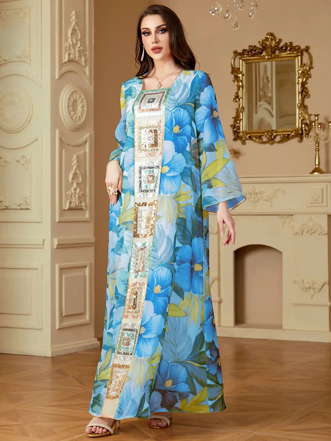 4185 Islamic Print Stitching Loose Sequin Dress Abaya