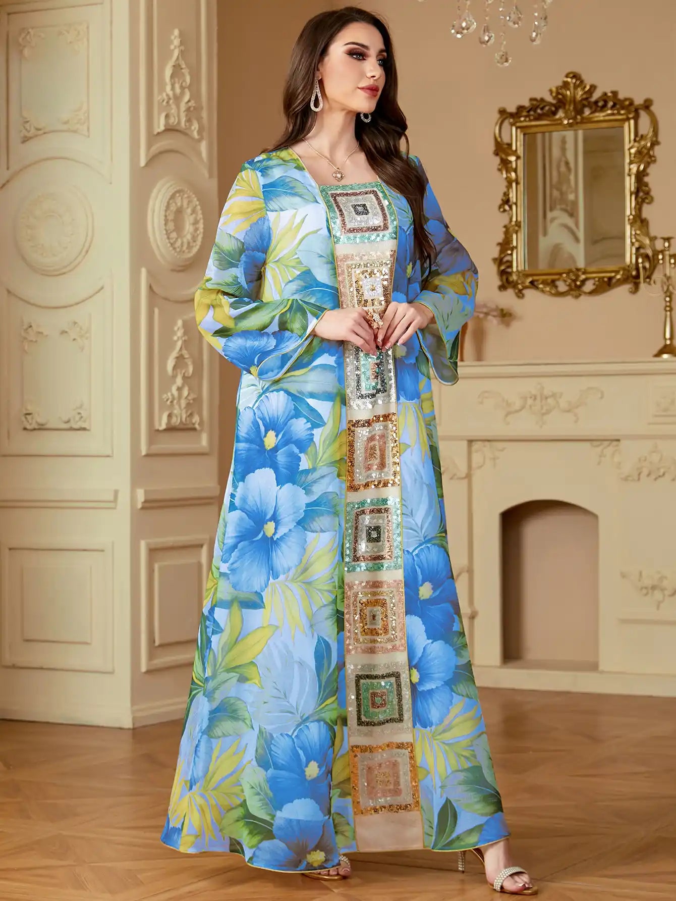 4185 Islamic Print Stitching Loose Sequin Dress Abaya