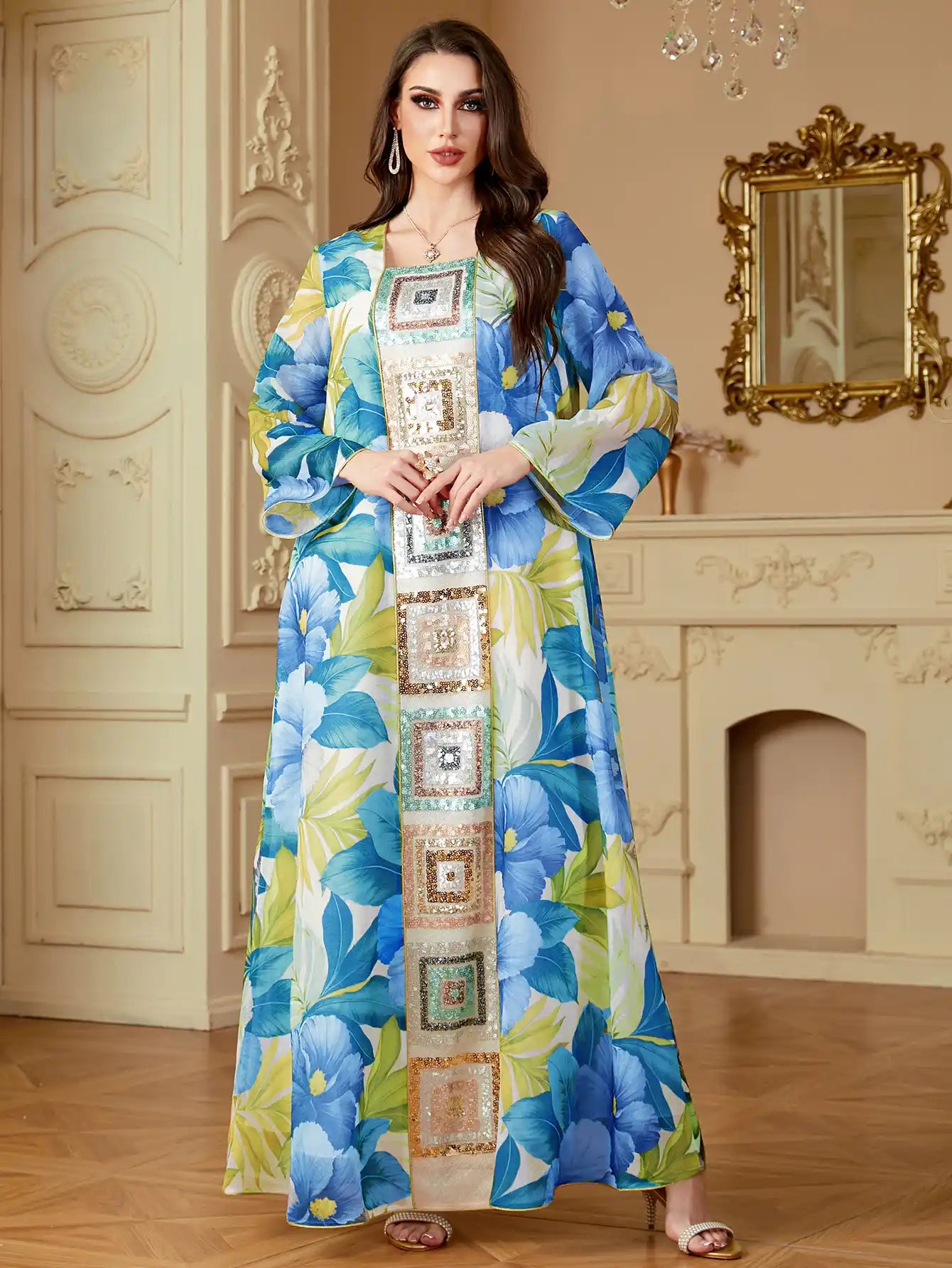 4185 Islamic Print Stitching Loose Sequin Dress Abaya