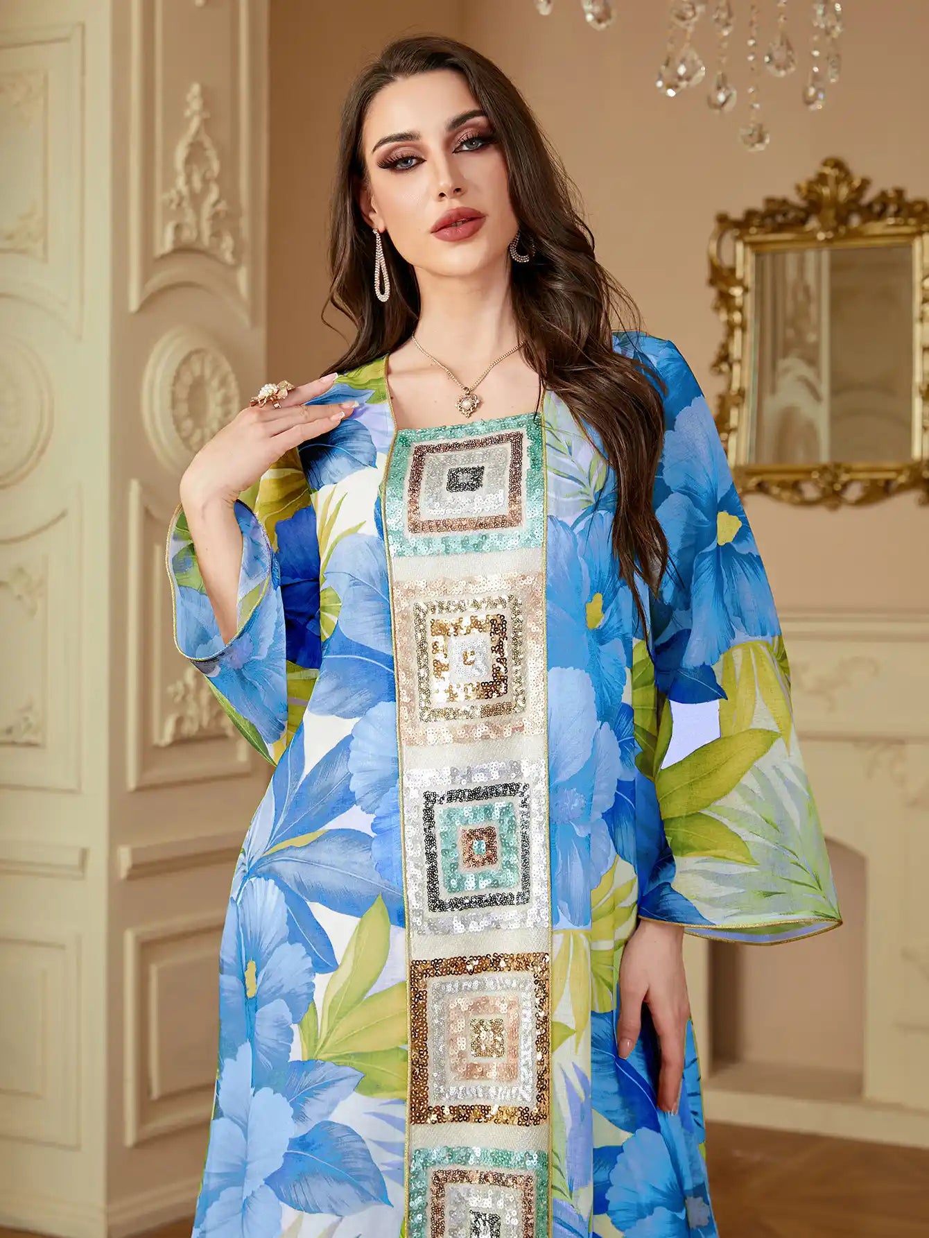 4185 Islamic Print Stitching Loose Sequin Dress Abaya