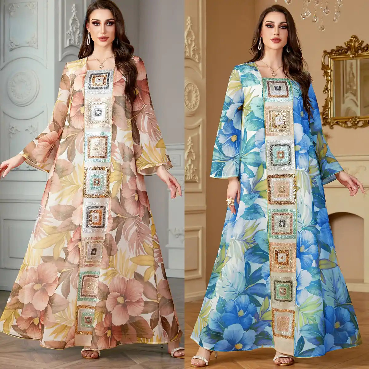 4185 Islamic Print Stitching Loose Sequin Dress Abaya
