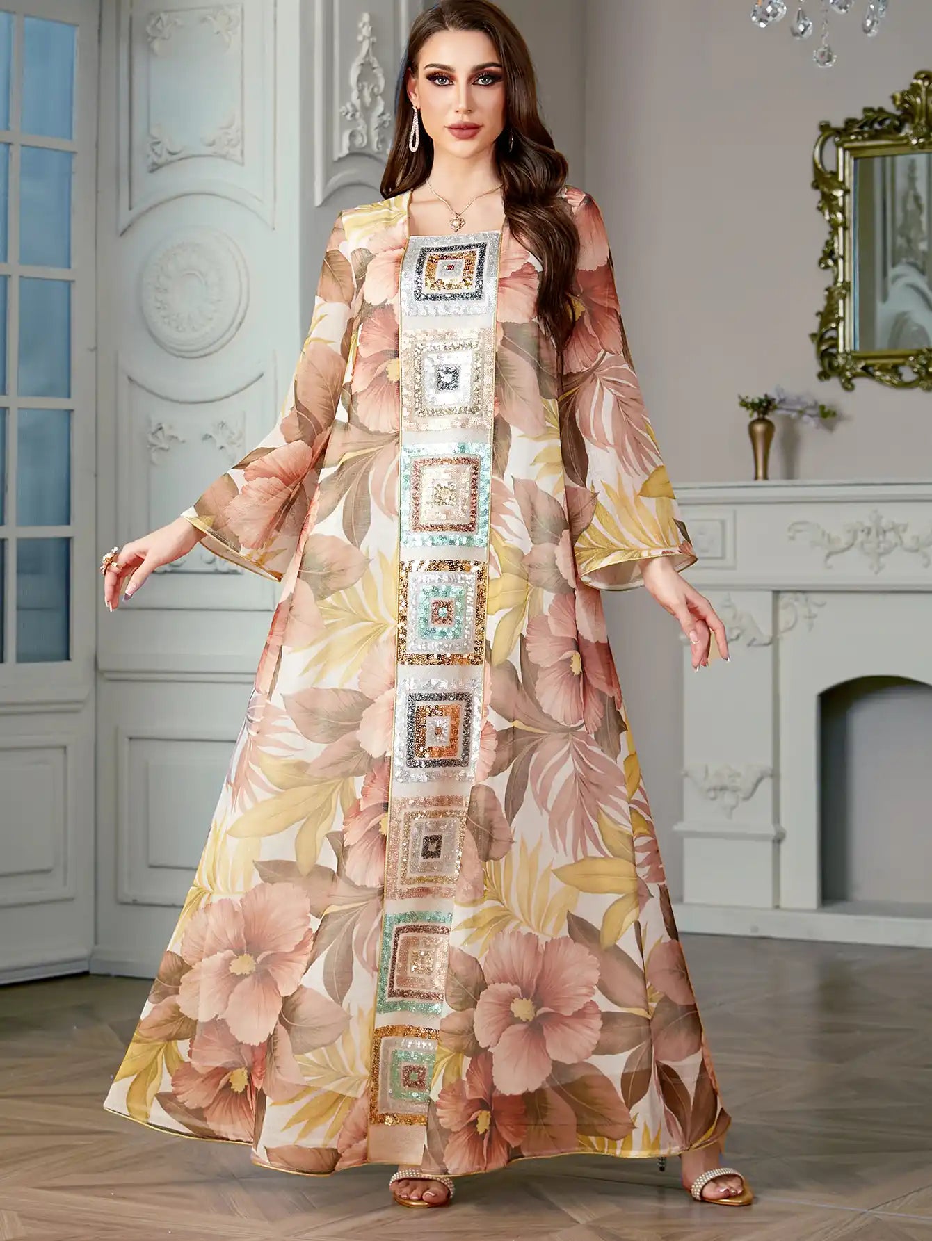 4185 Islamic Print Stitching Loose Sequin Dress Abaya