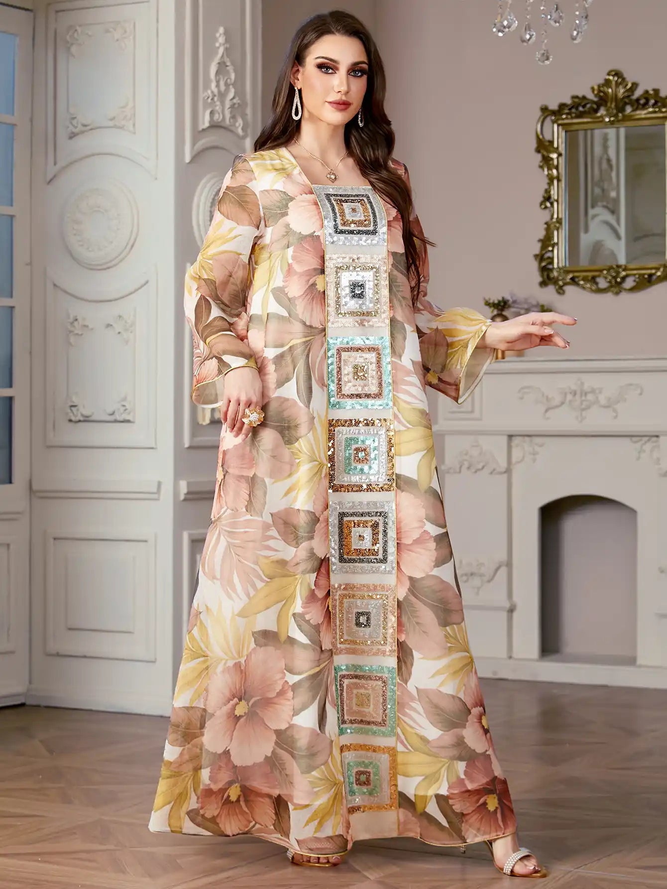 4185 Islamic Print Stitching Loose Sequin Dress Abaya