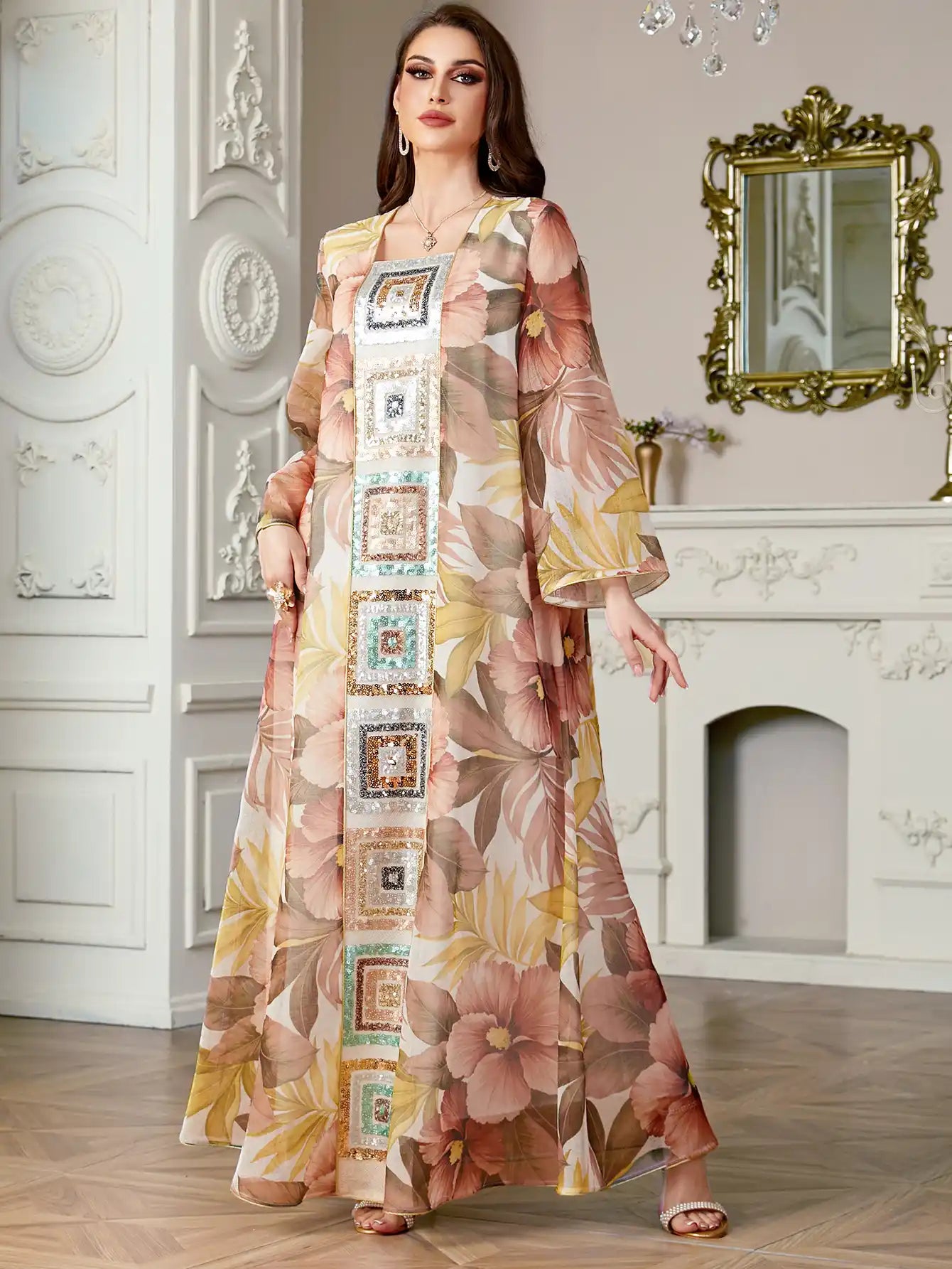 4185 Islamic Print Stitching Loose Sequin Dress Abaya