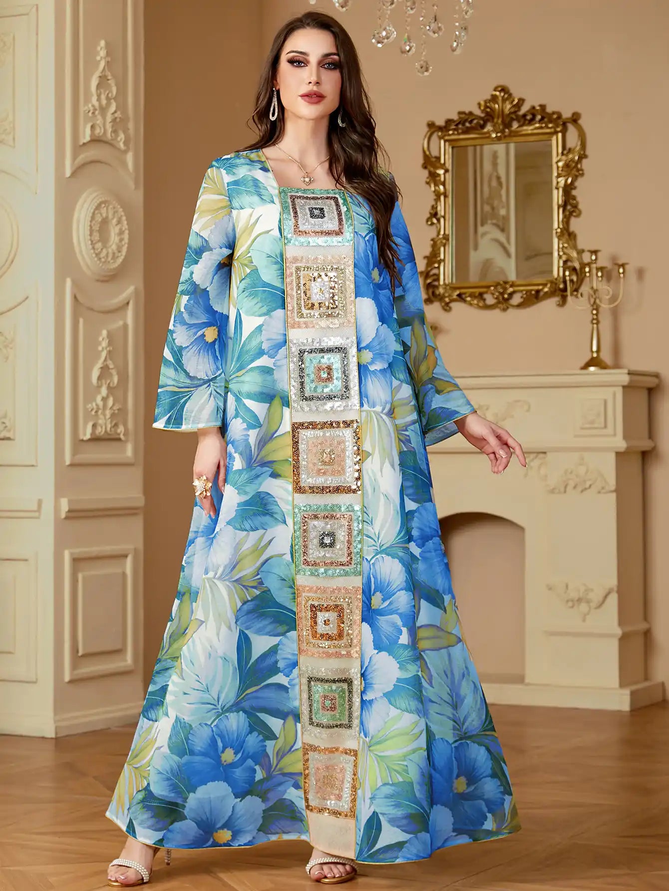 4185 Islamic Print Stitching Loose Sequin Dress Abaya