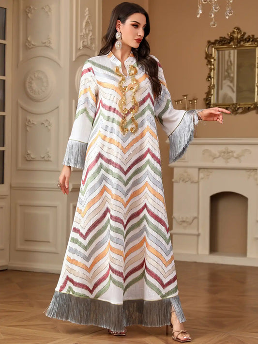 4211 Dubai Robe Sequin Embroidery Tassel Dress