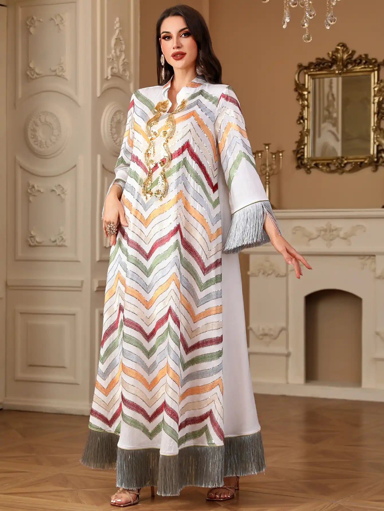 4211 Dubai Robe Sequin Embroidery Tassel Dress