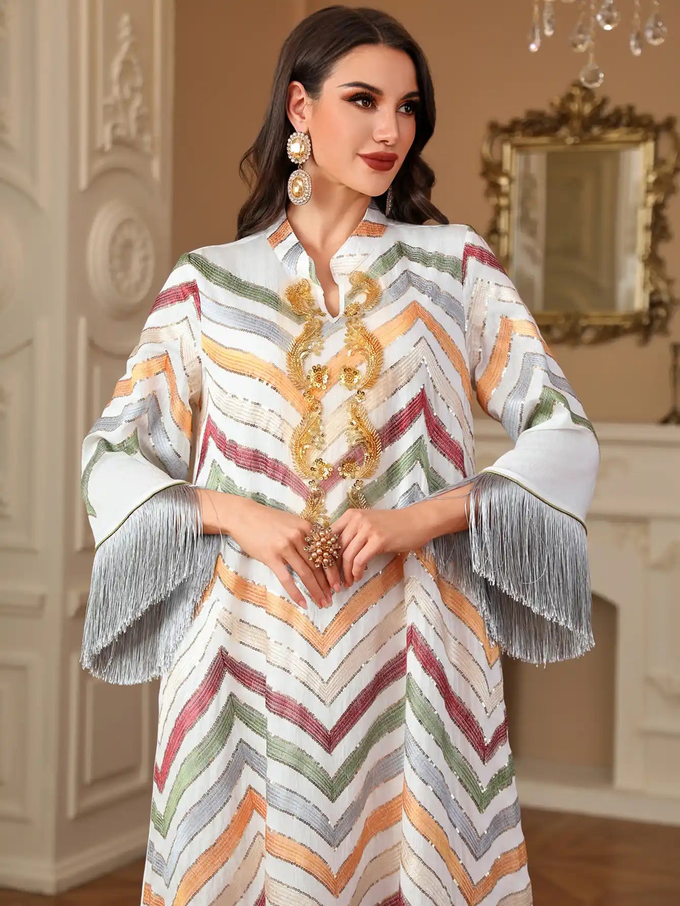 4211 Dubai Robe Sequin Embroidery Tassel Dress