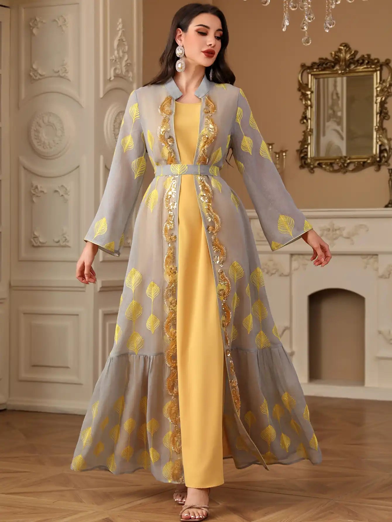 4212 Abaya Robe Embroidered Robe Cardigan Two-piece Set