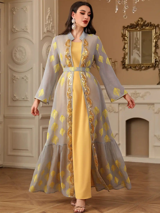 4212 Abaya Robe Embroidered Robe Cardigan Two-piece Set