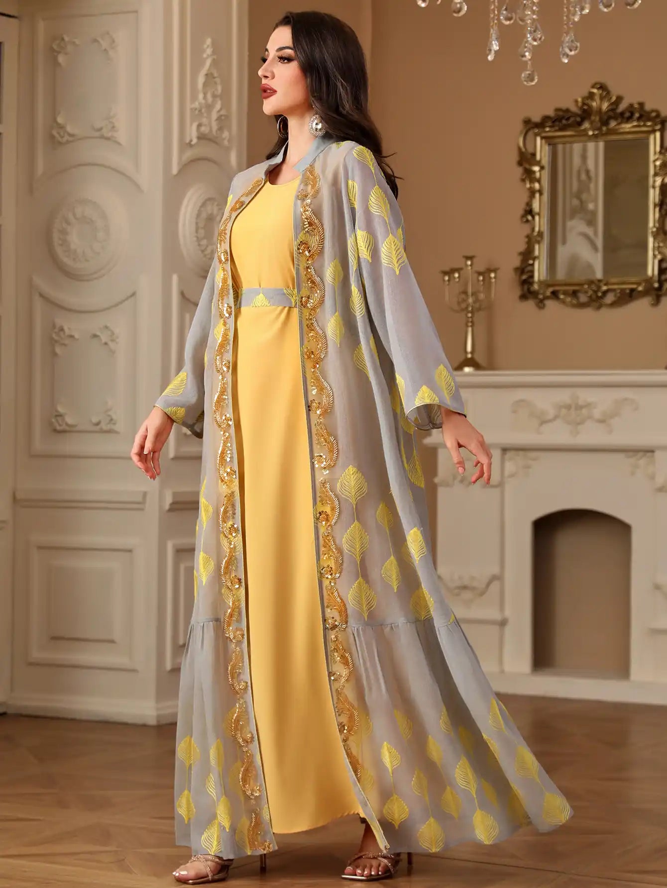 4212 Abaya Robe Embroidered Robe Cardigan Two-piece Set
