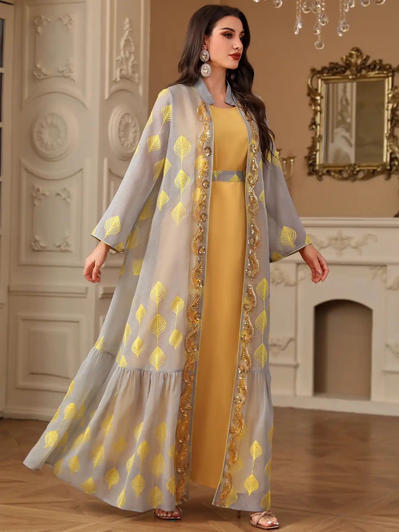 4212 Abaya Robe Embroidered Robe Cardigan Two-piece Set