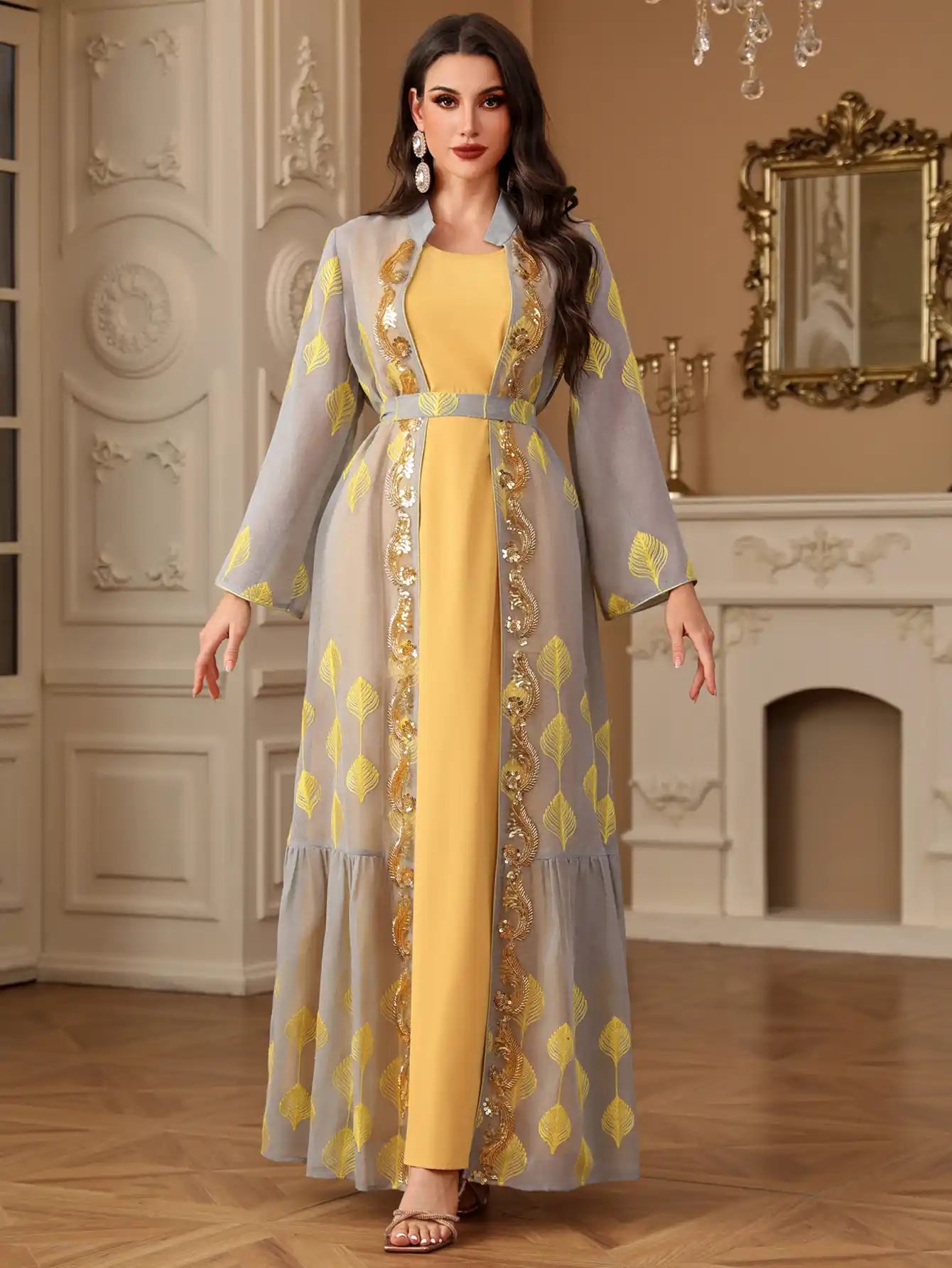 4212 Abaya Robe Embroidered Robe Cardigan Two-piece Set