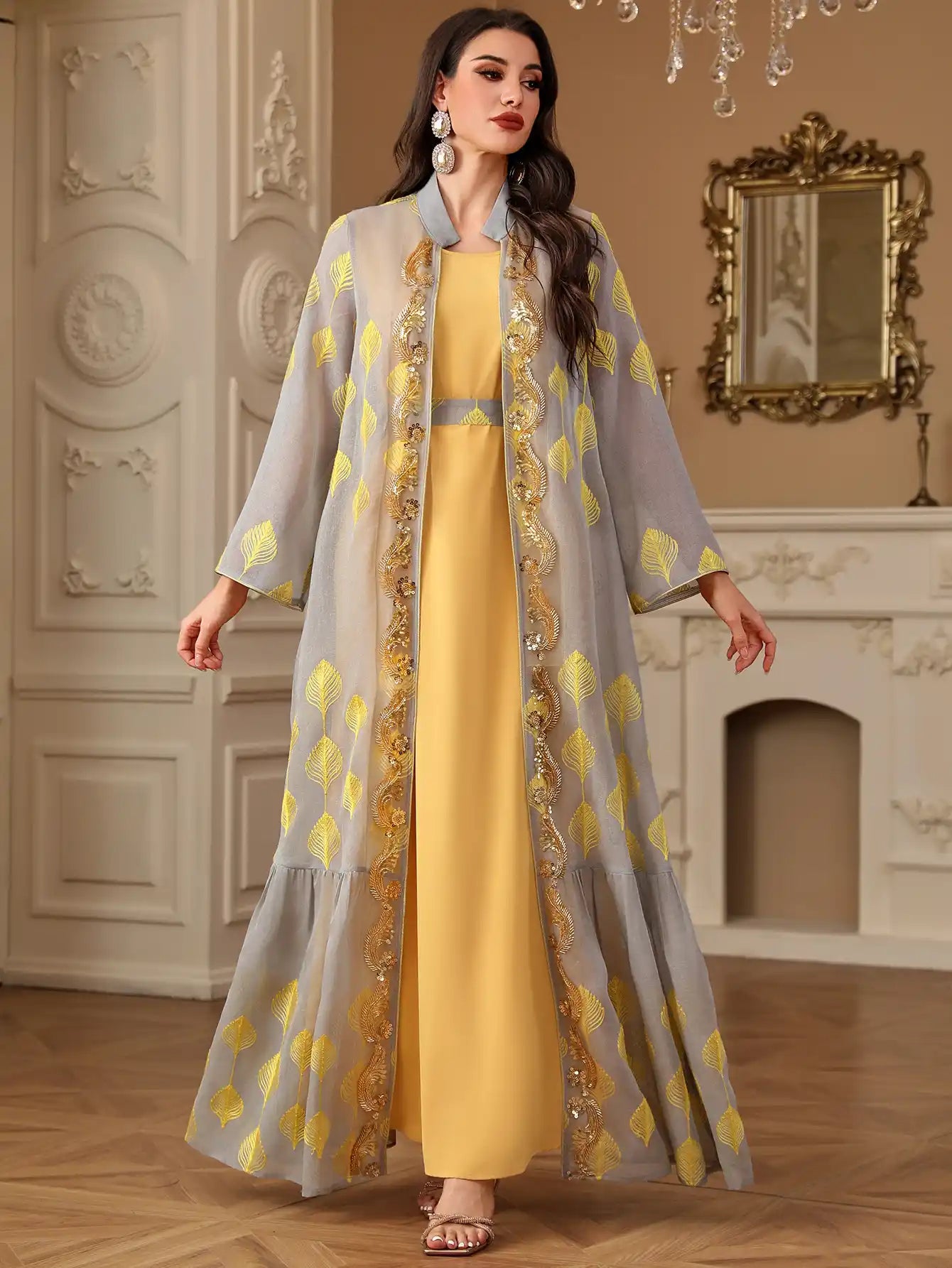 4212 Abaya Robe Embroidered Robe Cardigan Two-piece Set