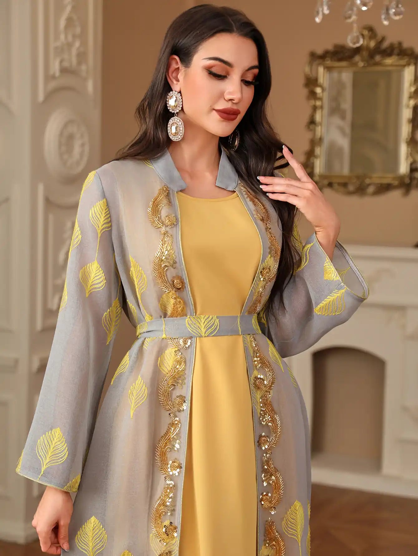 4212 Abaya Robe Embroidered Robe Cardigan Two-piece Set