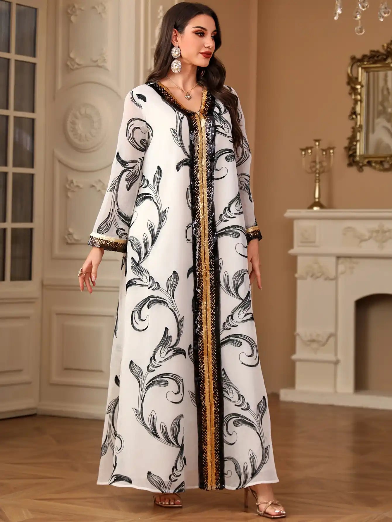 4216 Arabic Sequin Embroidered Abaya Robe