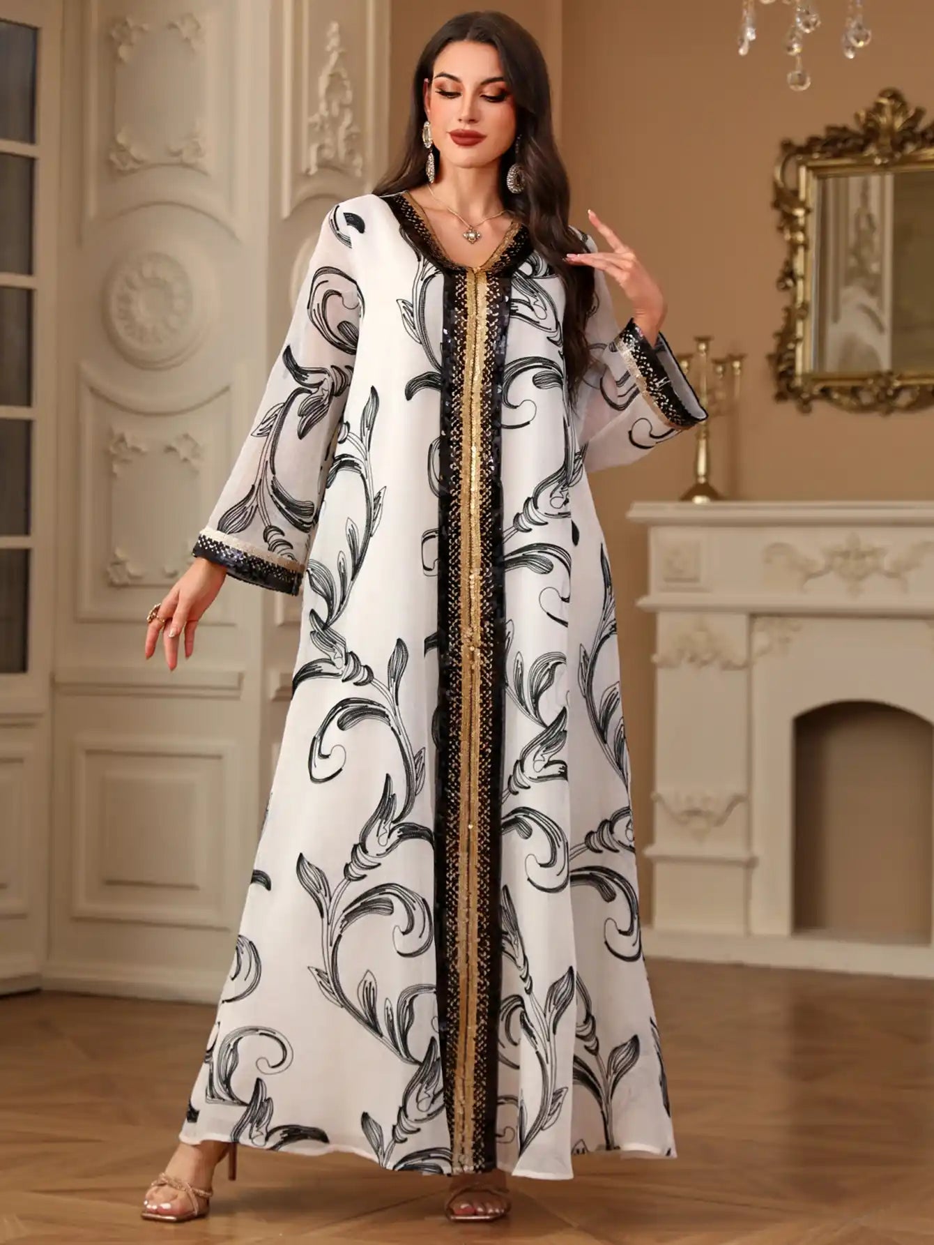 4216 Arabic Sequin Embroidered Abaya Robe