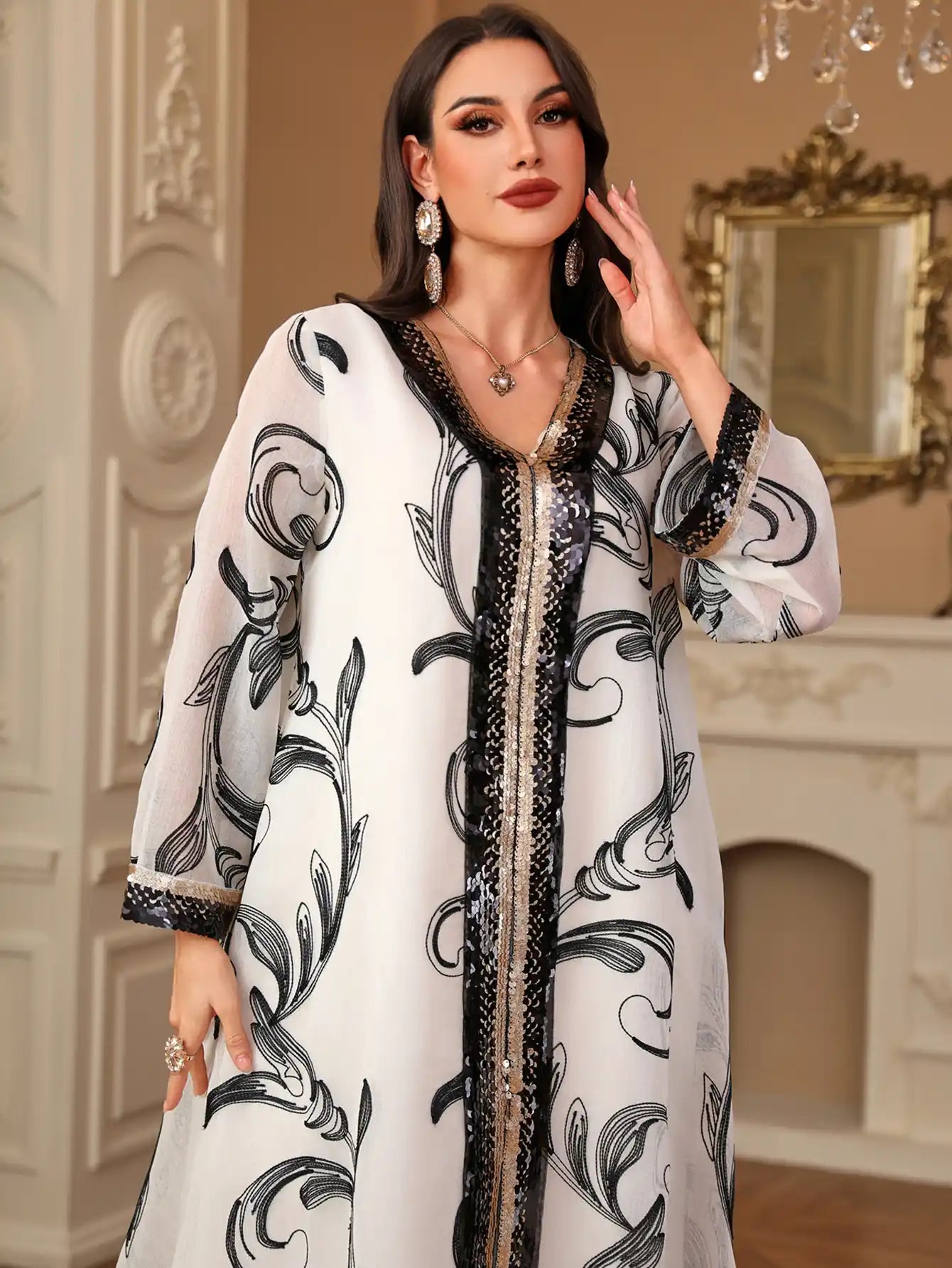 4216 Arabic Sequin Embroidered Abaya Robe