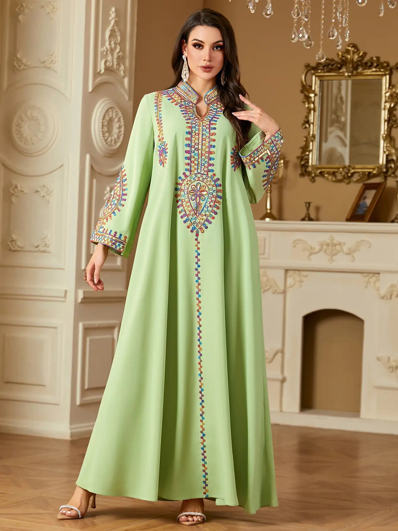 4219 Muslim Long Sleeve Dress Embroidered Large Size Abaya
