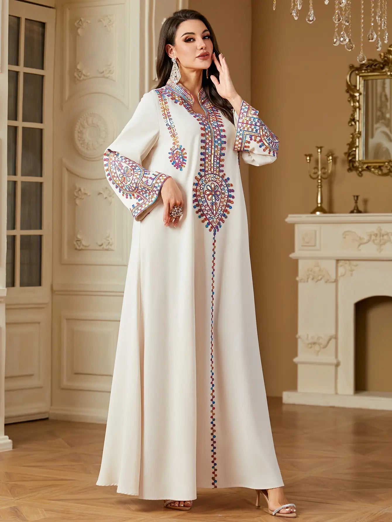 4219 Muslim Long Sleeve Dress Embroidered Large Size Abaya