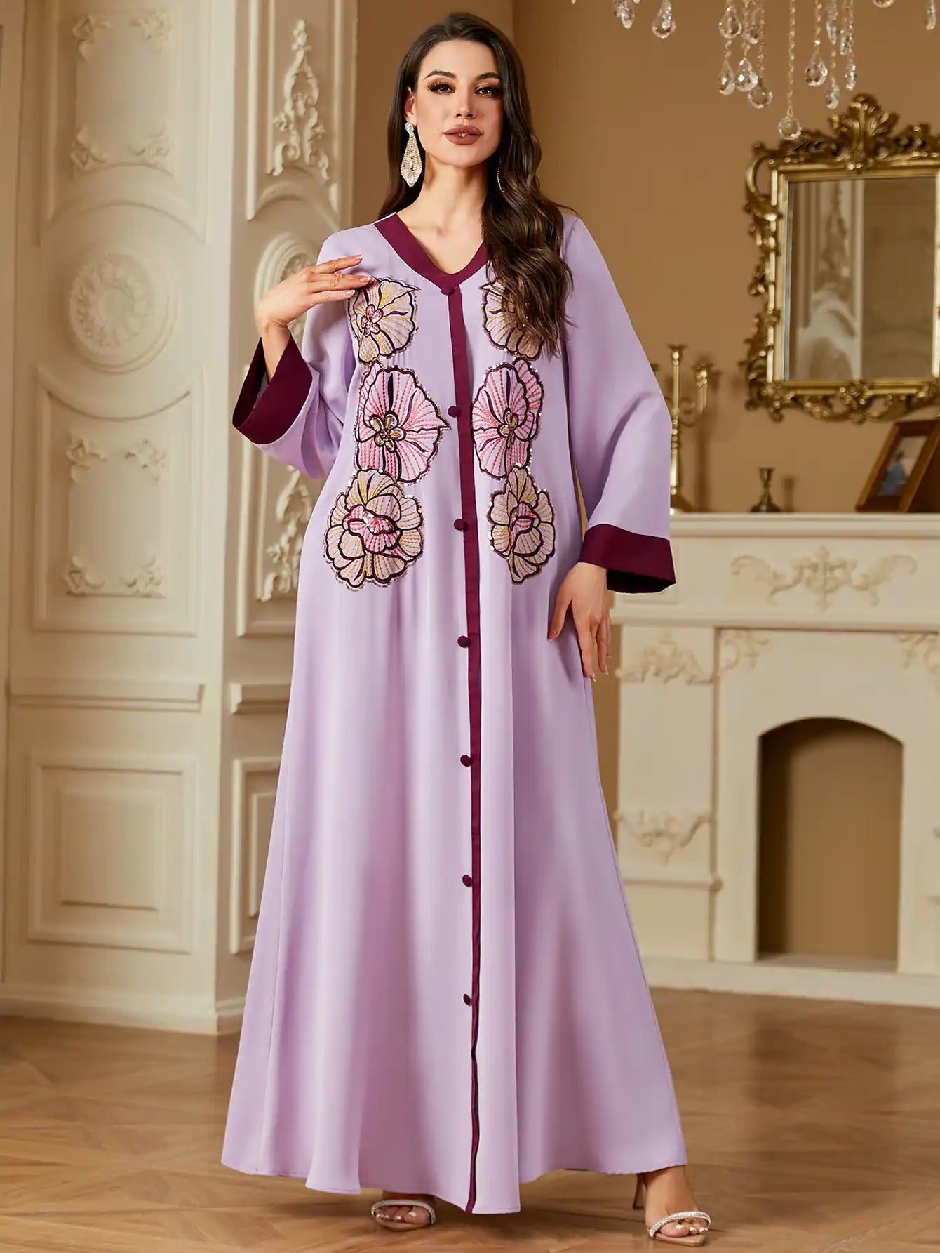 4254 Button Embroidered Abaya Robe Kaftans