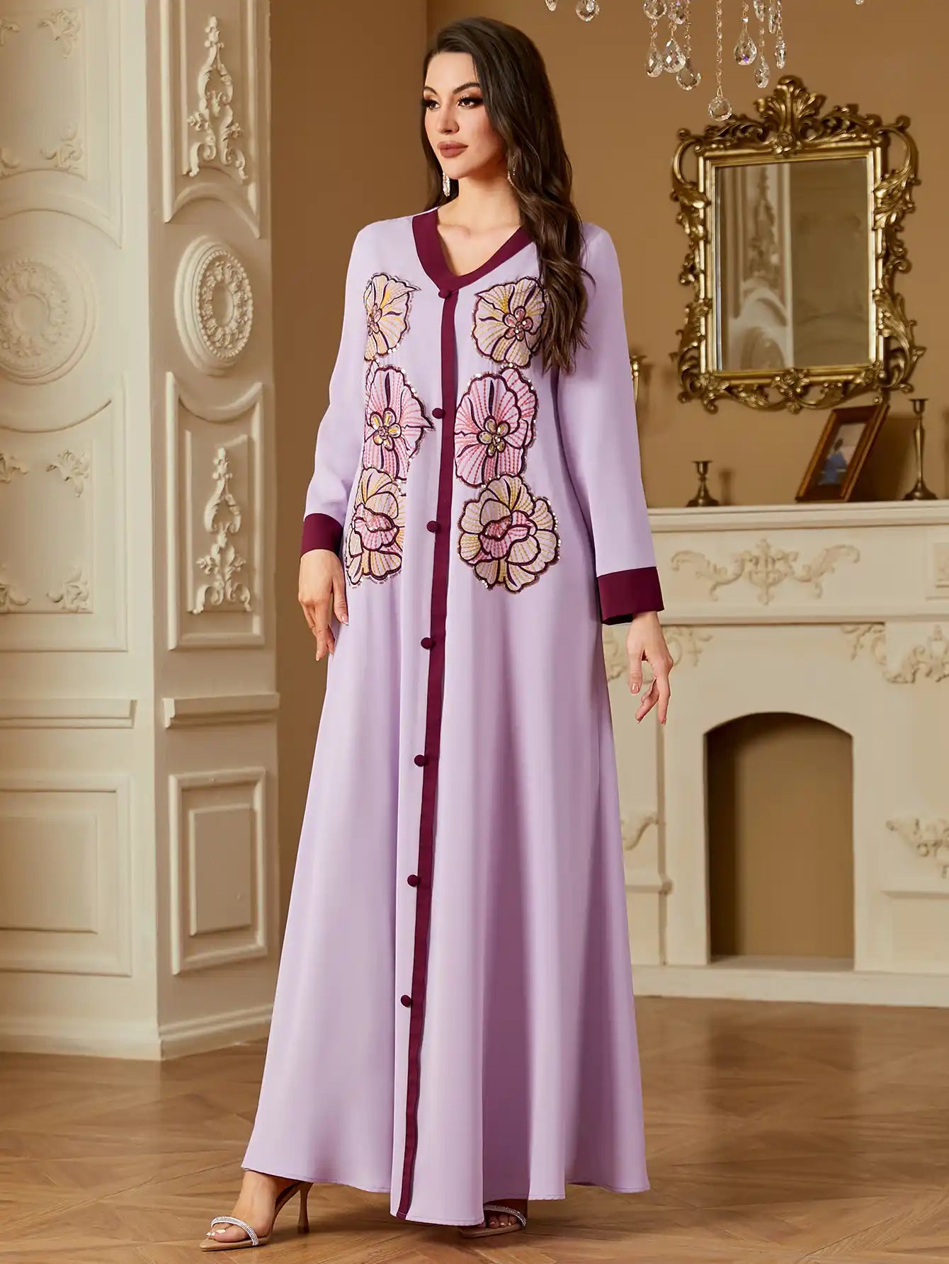 4254 Button Embroidered Abaya Robe Kaftans