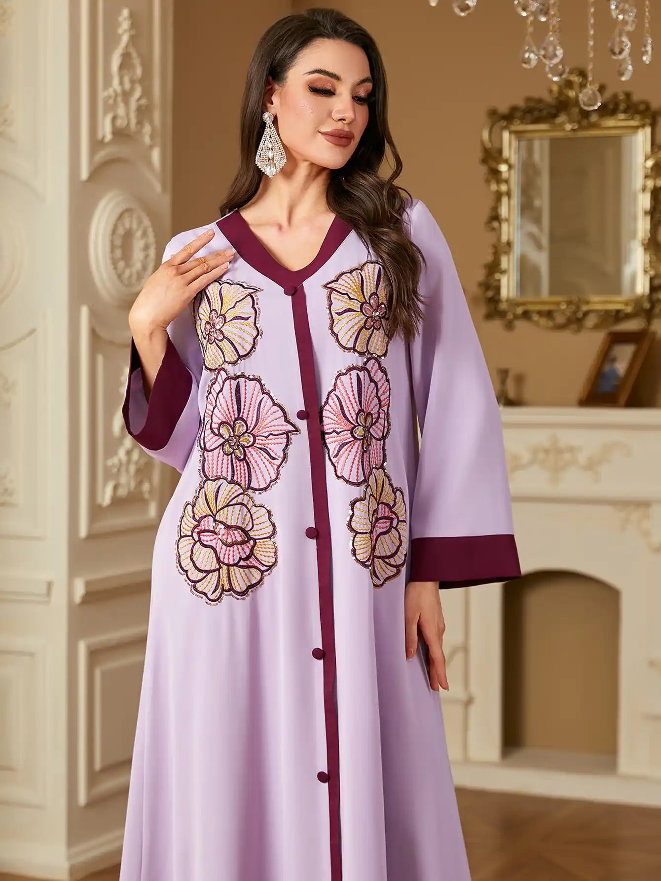 4254 Button Embroidered Abaya Robe Kaftans