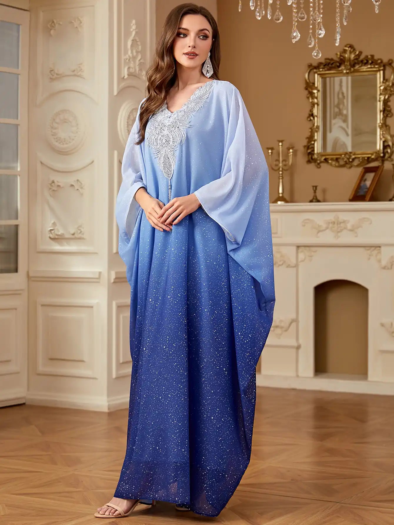 4279 Dubai Gradient Color Hot Silver Bat Sleeve fashion Robe Dress