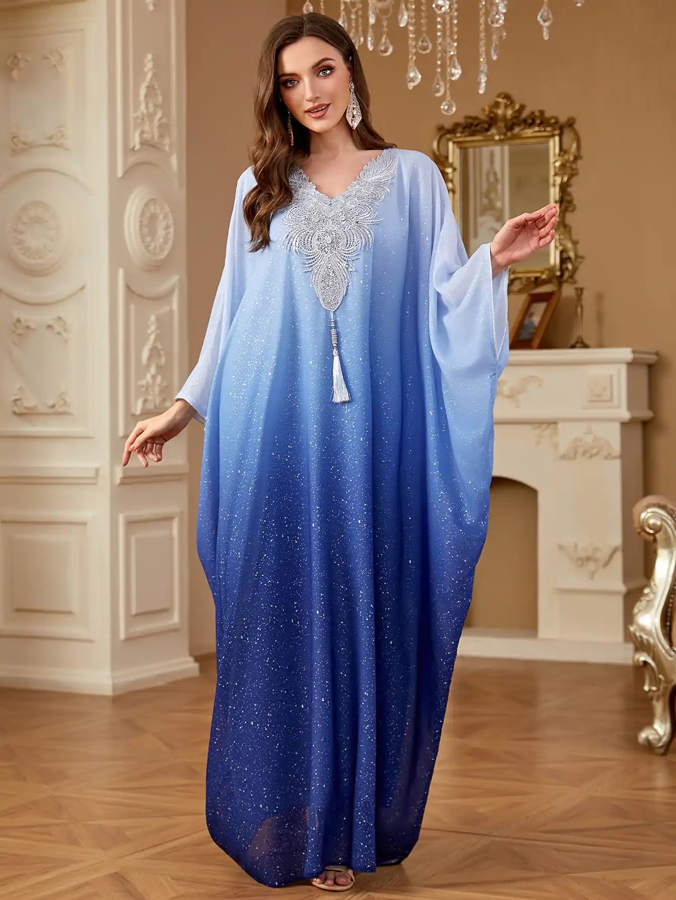 4279 Dubai Gradient Color Hot Silver Bat Sleeve fashion Robe Dress