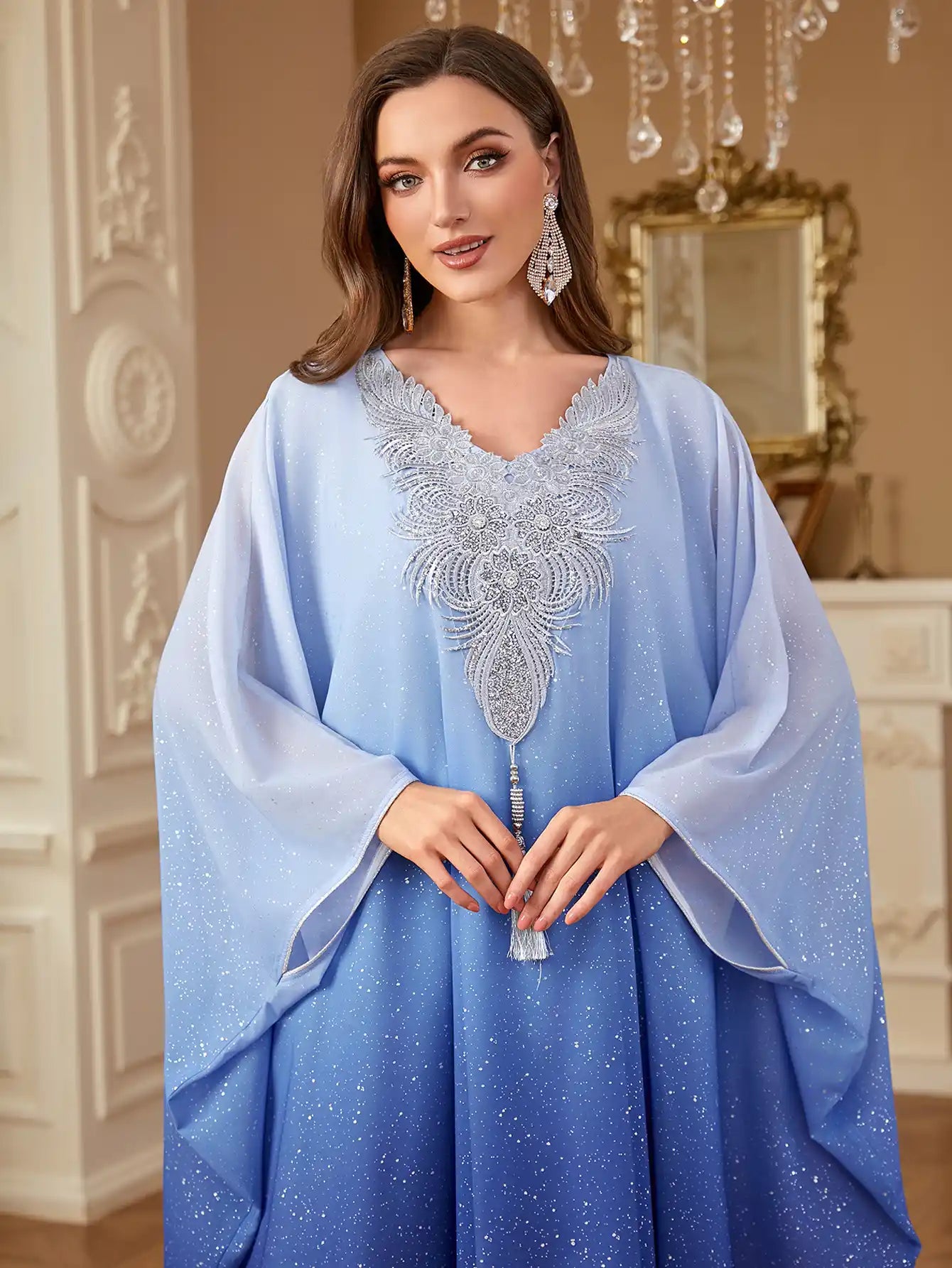 4279 Dubai Gradient Color Hot Silver Bat Sleeve fashion Robe Dress
