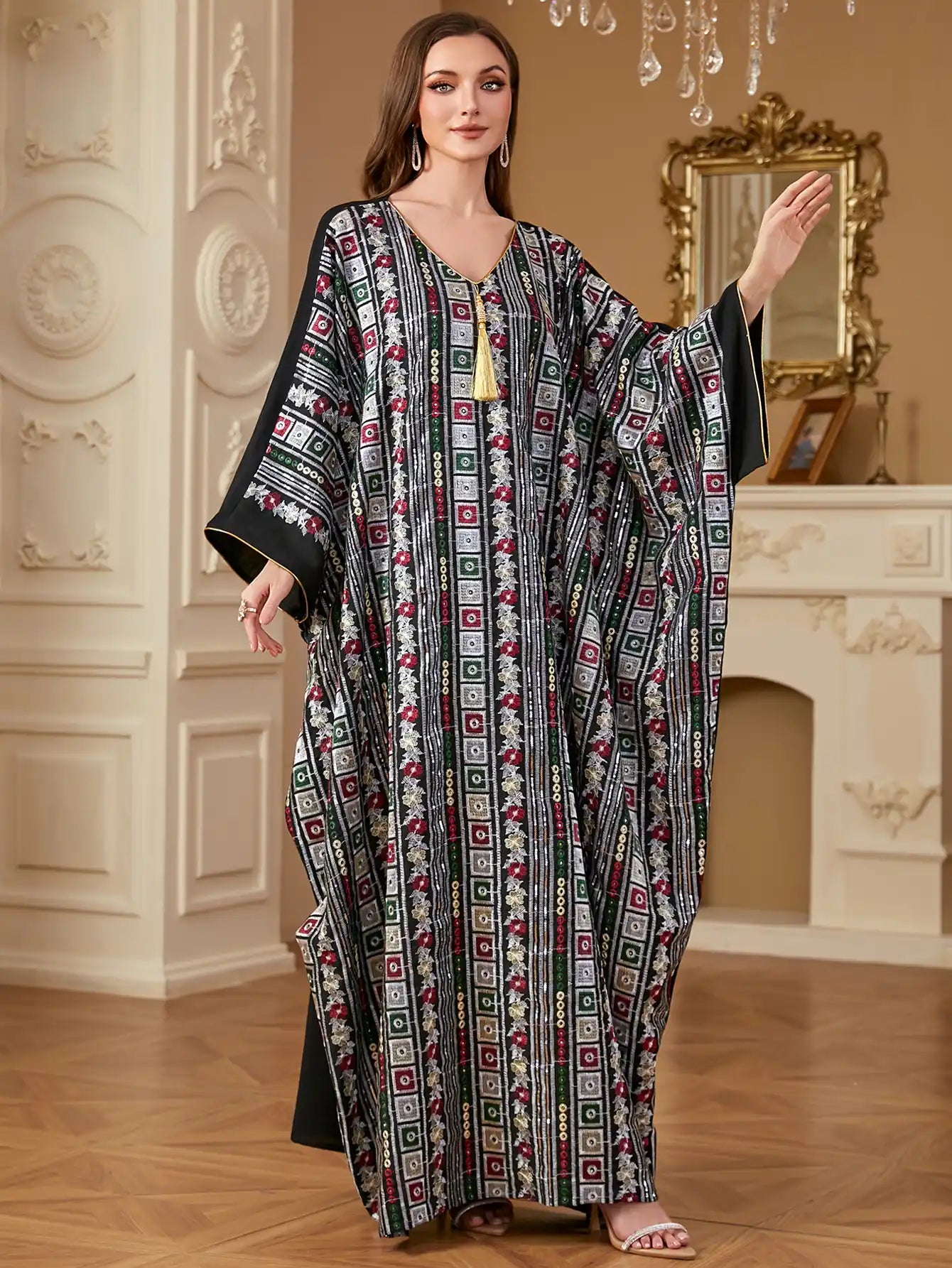 4282 Plus Size Long Dress Bat Sleeve Embroidery Loose Dress