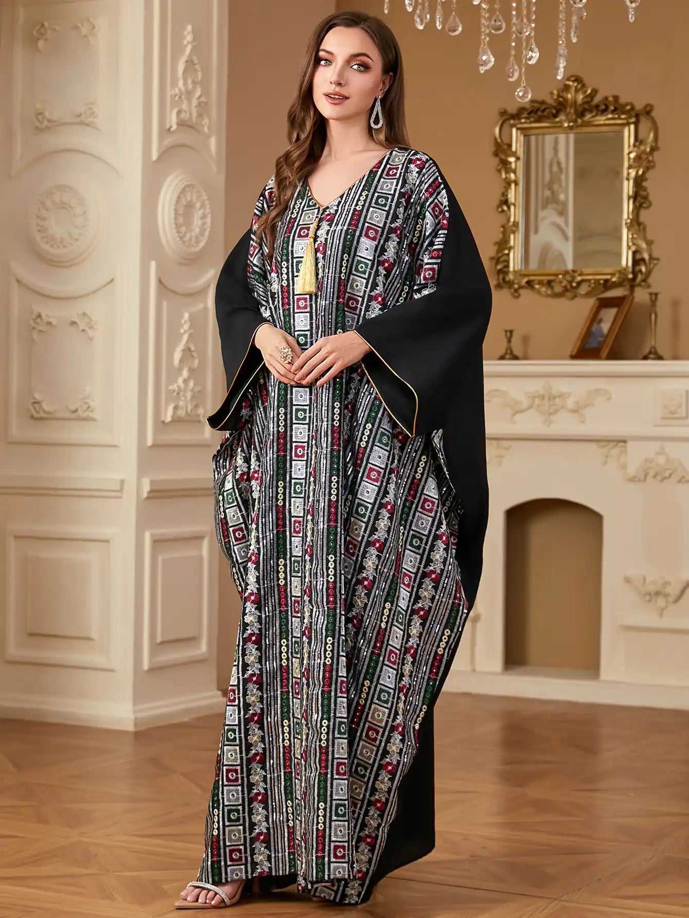 4282 Plus Size Long Dress Bat Sleeve Embroidery Loose Dress