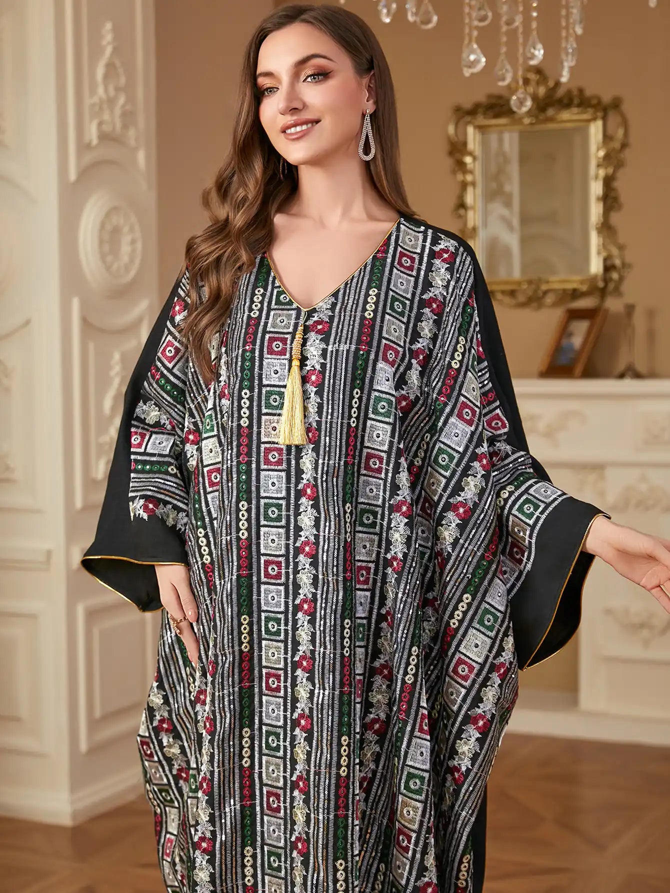 4282 Plus Size Long Dress Bat Sleeve Embroidery Loose Dress