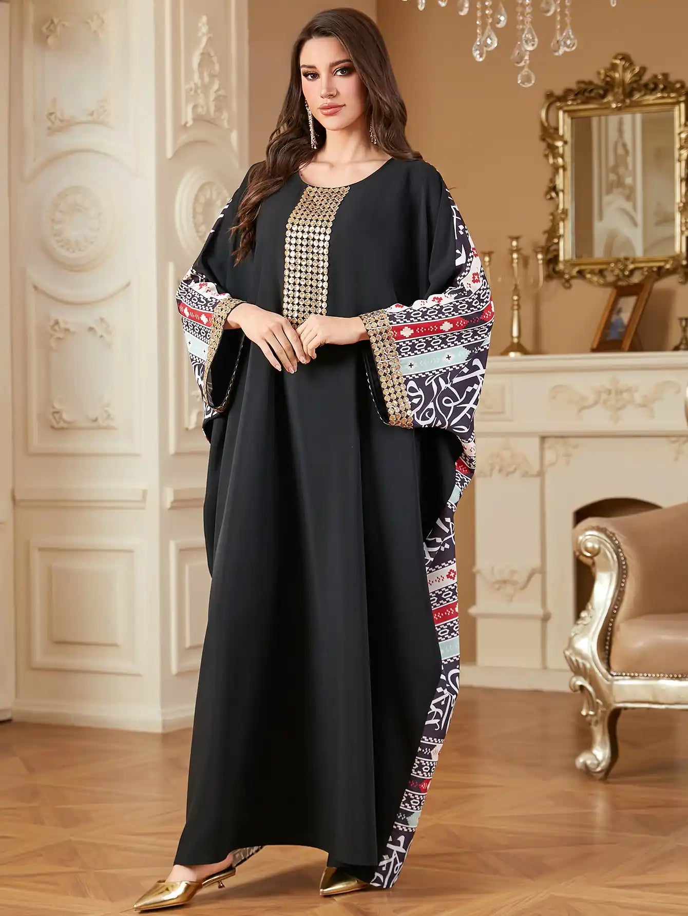 4313 Arabic Print Abaya Robe Dress
