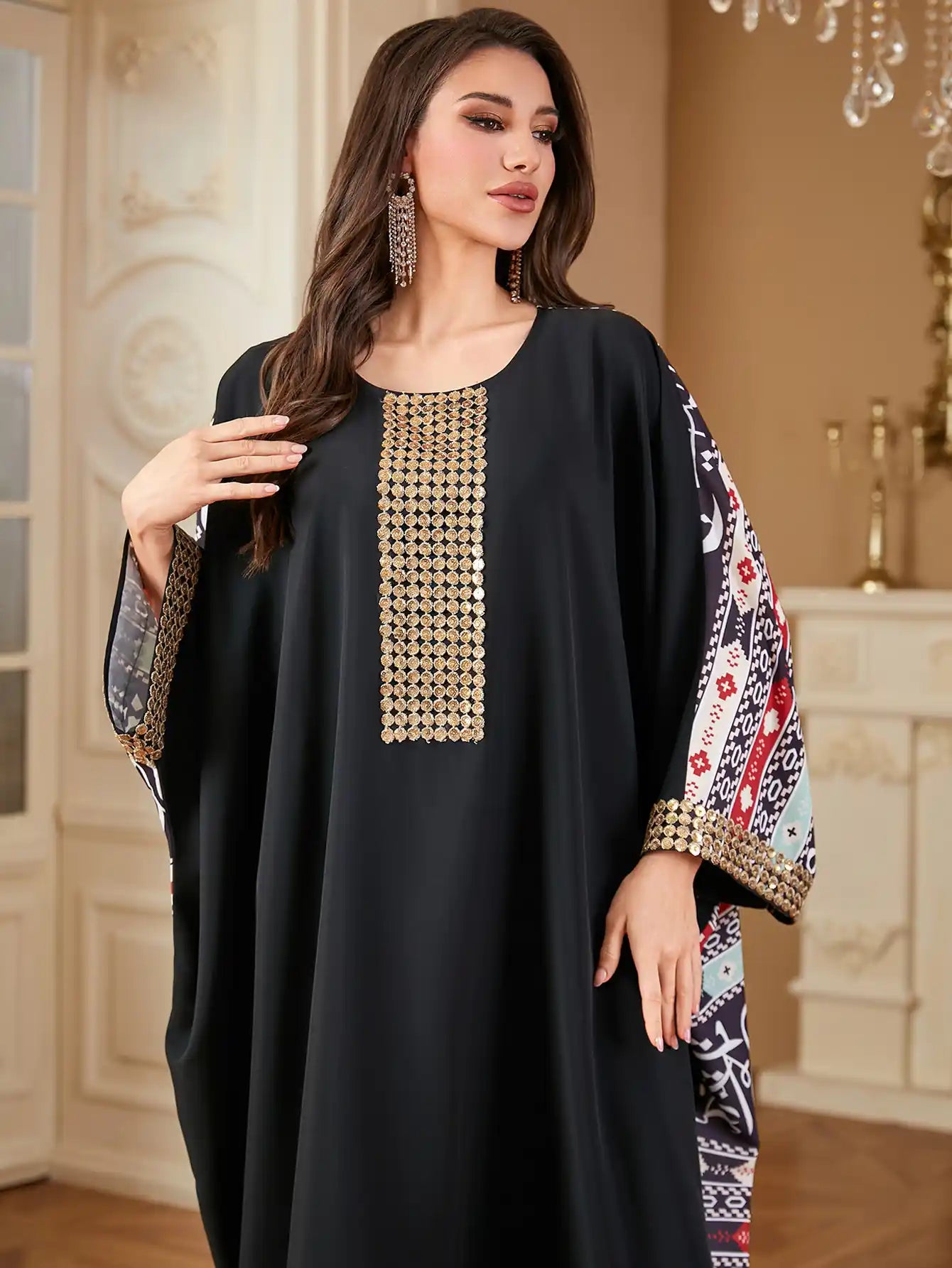 4313 Arabic Print Abaya Robe Dress