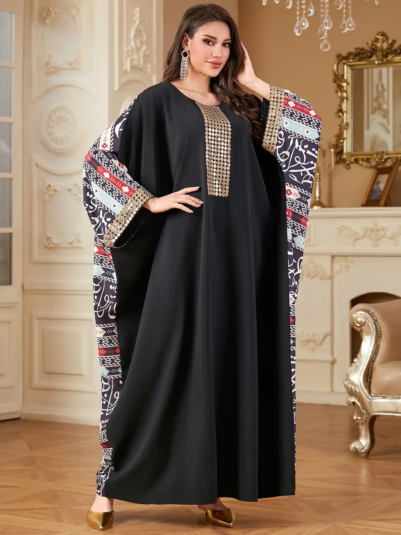 4313 Arabic Print Abaya Robe Dress