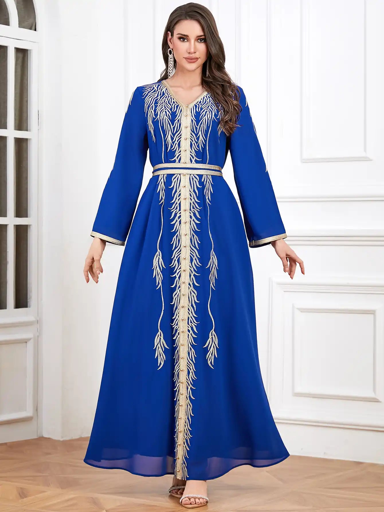 4319 Muslim Robe Embroidery Beaded Slim Fit Moroccan Dress