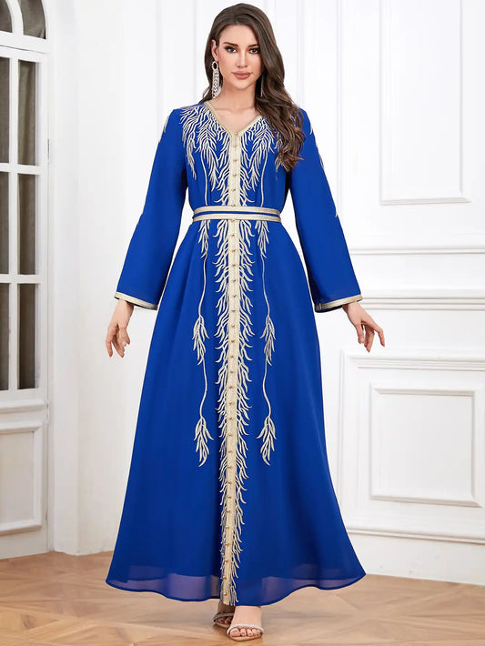 4319 Muslim Robe Embroidery Beaded Slim Fit Moroccan Dress