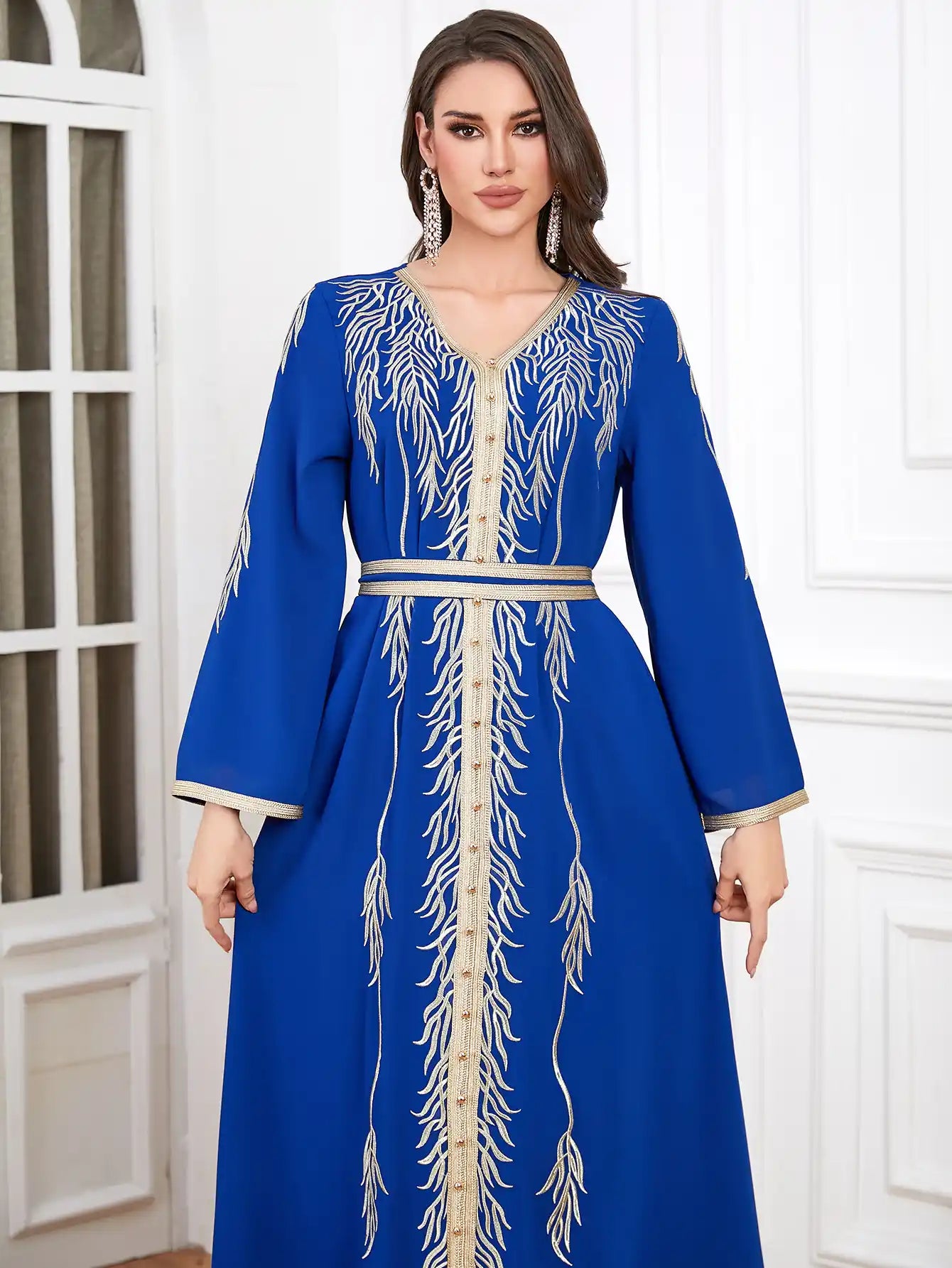 4319 Muslim Robe Embroidery Beaded Slim Fit Moroccan Dress