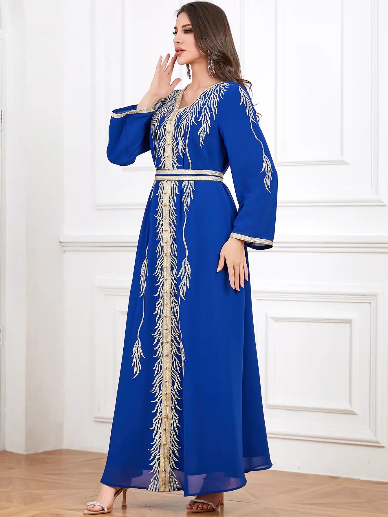 4319 Muslim Robe Embroidery Beaded Slim Fit Moroccan Dress