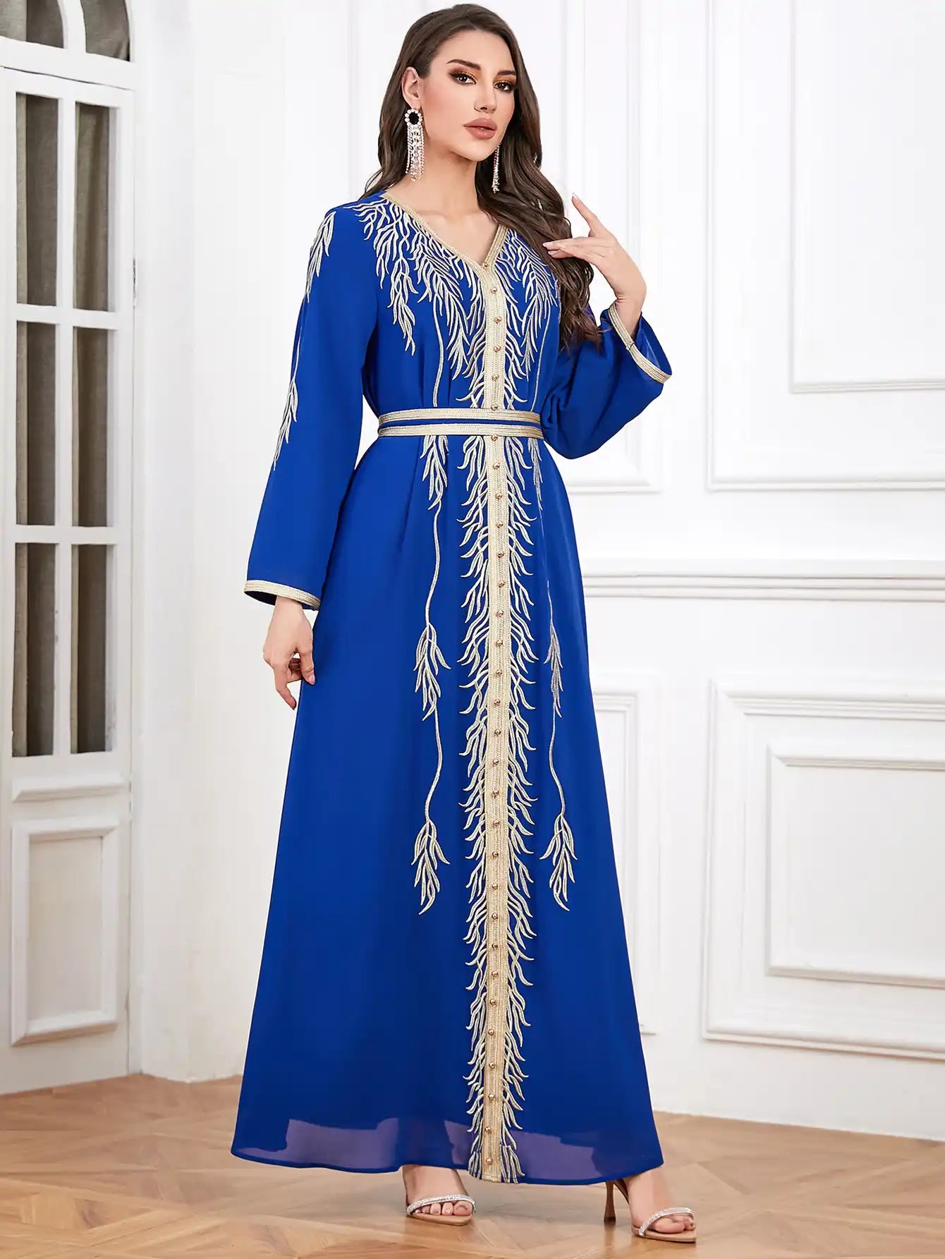 4319 Muslim Robe Embroidery Beaded Slim Fit Moroccan Dress