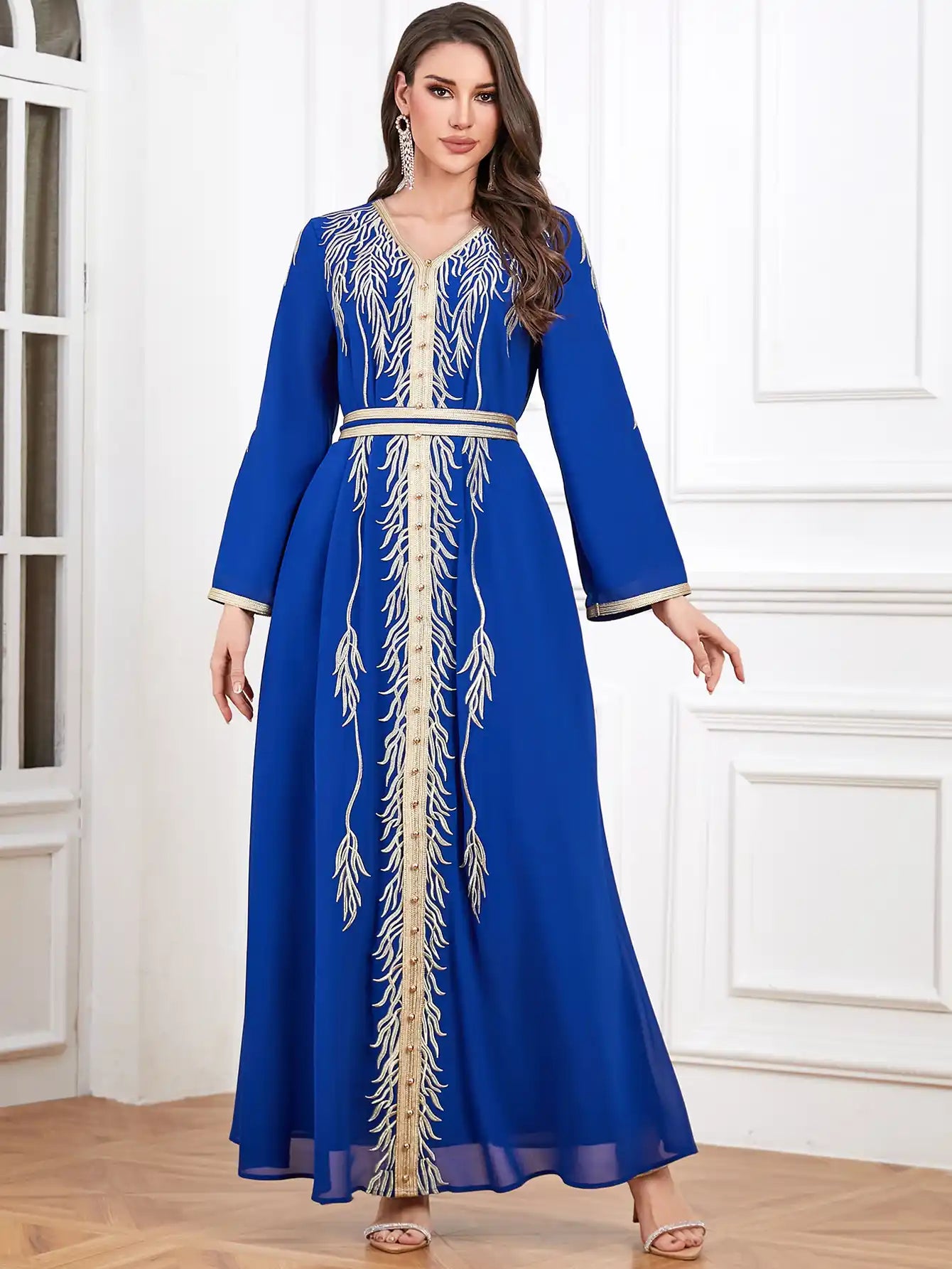 4319 Muslim Robe Embroidery Beaded Slim Fit Moroccan Dress
