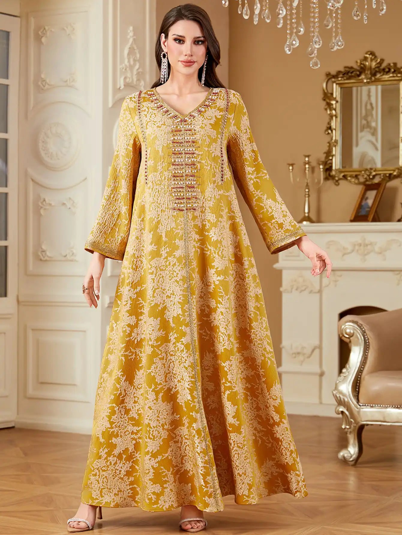 4336 Muslim Arab Robe Jacquard Embroidery Beaded Kaftan Dress