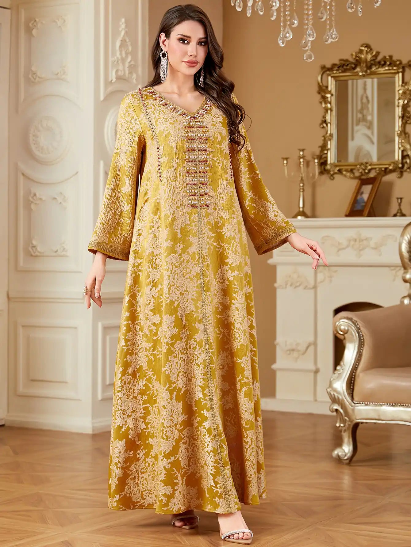 4336 Muslim Arab Robe Jacquard Embroidery Beaded Kaftan Dress