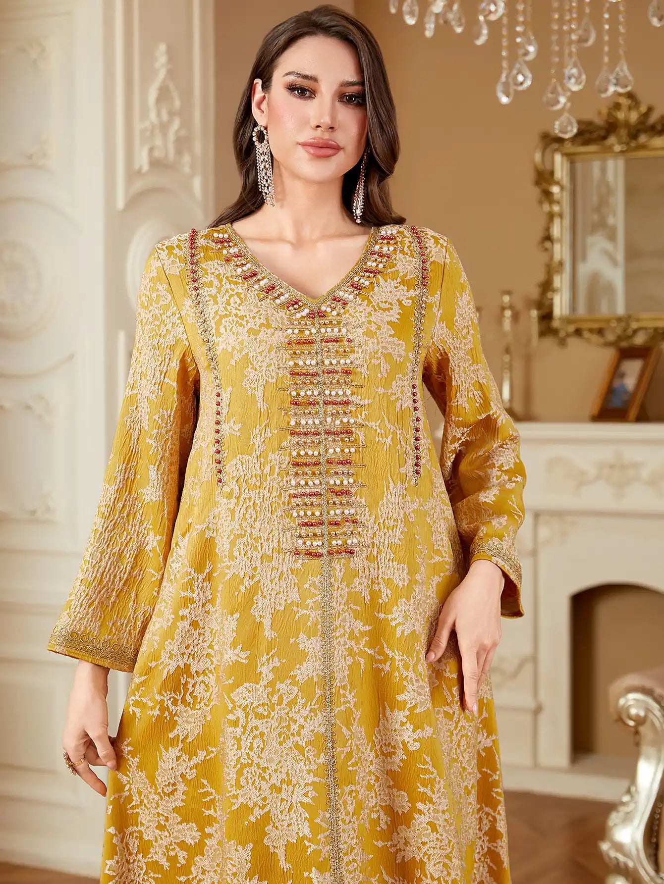 4336 Muslim Arab Robe Jacquard Embroidery Beaded Kaftan Dress
